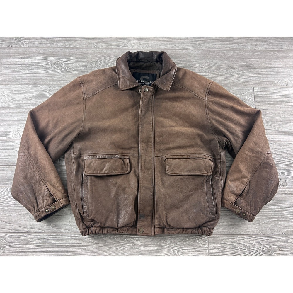 Structure Vintage Brown Leather Bomber Jacket Mens Medium Quilted Flight Coat